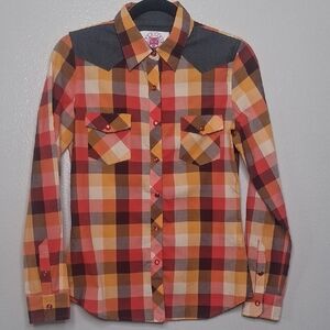 Platini Jeans Cougar Button Up Shirt Womens Multicolor Plaid Western Cowgirl M